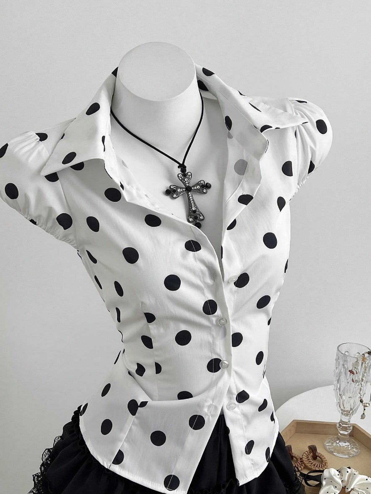 Polka dot printed lace up waist cinching short sleeved women's shirt