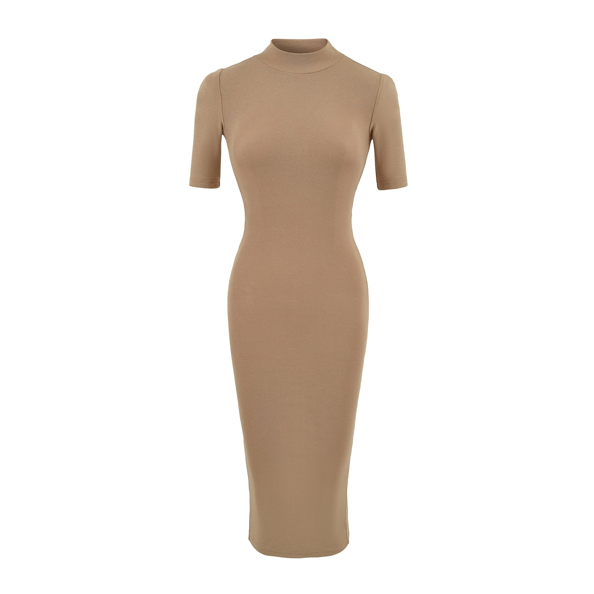Half-High Neck Mid-Sleeve Back Slit Dress for Women,  Fitted A-Line Bodycon Skirt