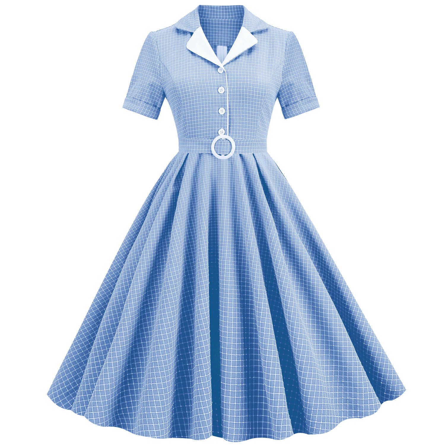 Elegant  Suit Collar Plaid Fitted Tie-Waist Flared Mid-Length Vintage Dress for Women