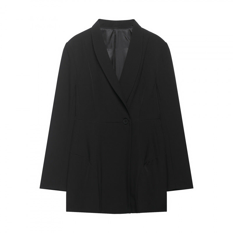Sophisticated Black Notch Lapel Loose Mid-Length Suit Jacket for Women