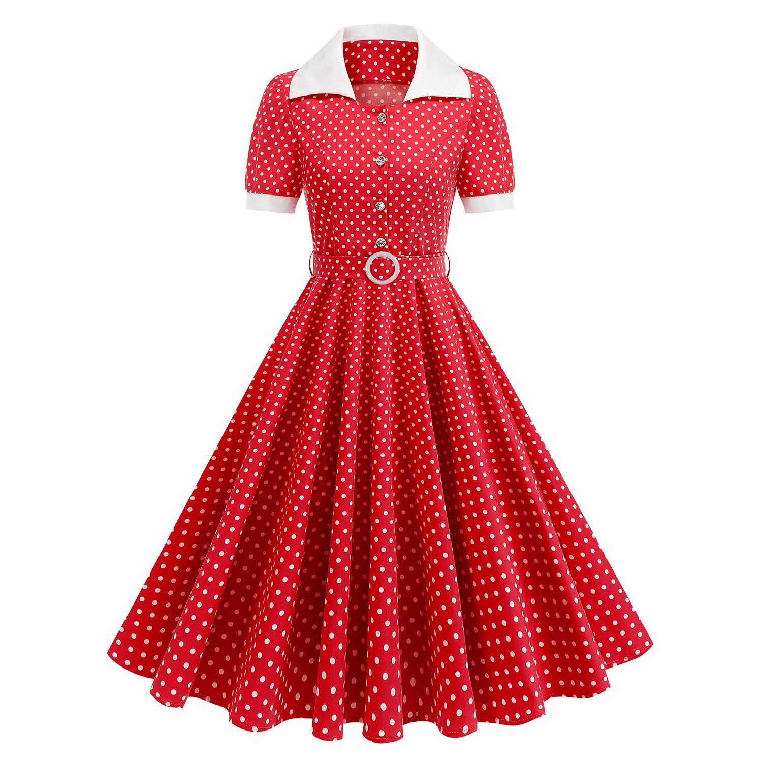 Hepburn StyleNotch Collar Fitted Polka Dot Open Front Tie Waist Flared Mid-Length Parent-Child Dress Cotton