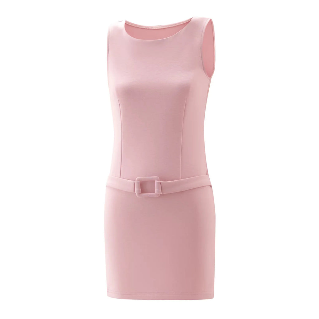 Sleeveless Bodycon Dress for Women with Belt, Fitted Waist, Retro Style, Short Mini