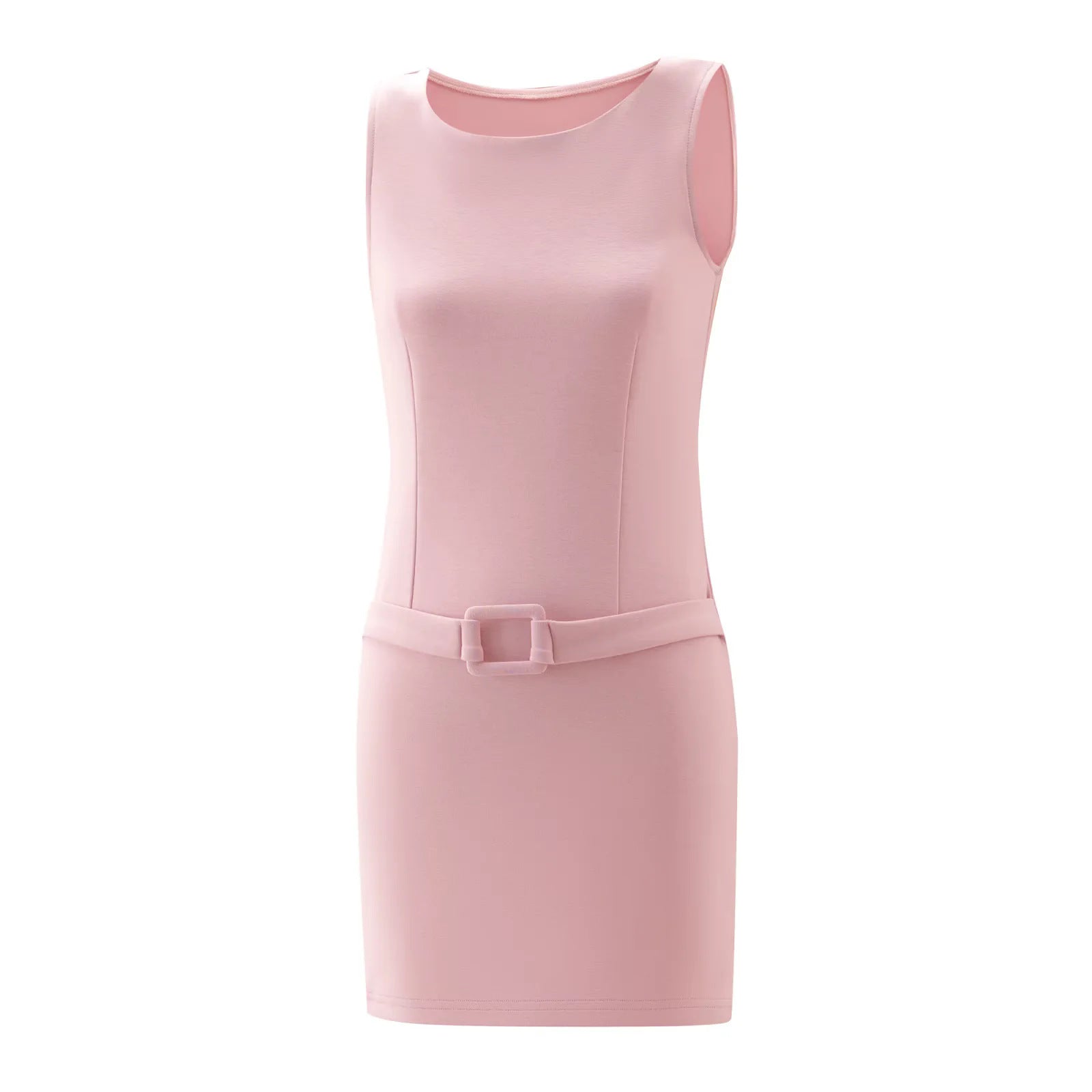 Sleeveless Bodycon Dress for Women with Belt, Fitted Waist, Retro Style, Short Mini