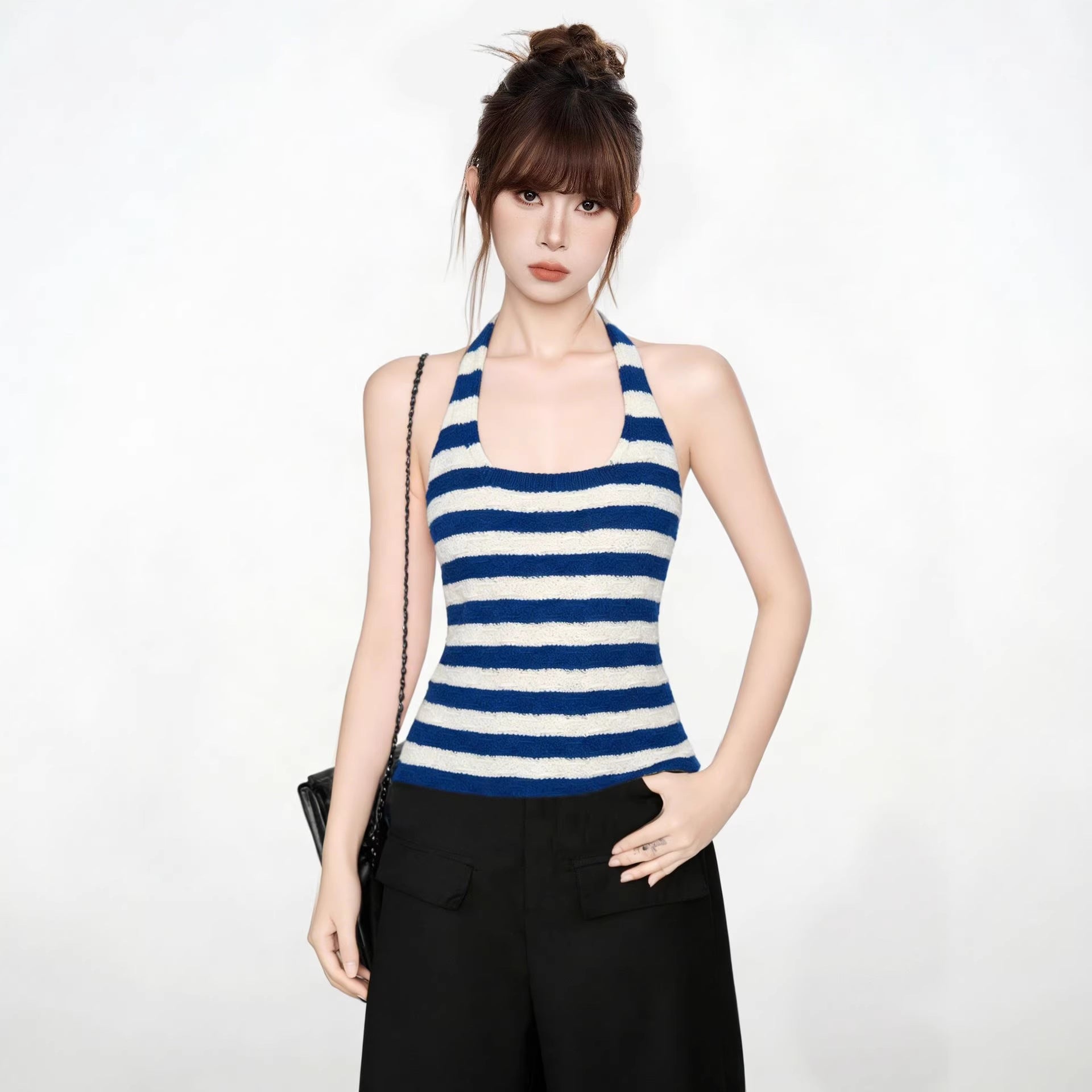 Blue and White Stripe Crop Top for Women, Knit Halter Neck Sleeveless Vest
