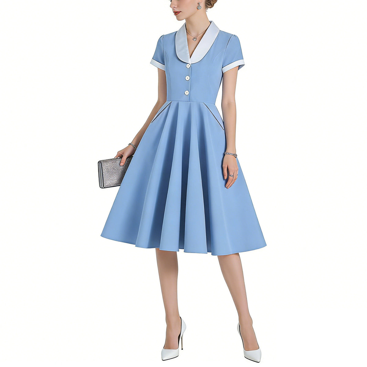 Hepburn Style Vintage Dress, Court Fit Waist Color Block Collar Party Performance Dress, Flared Mid-Length A-Line Dress