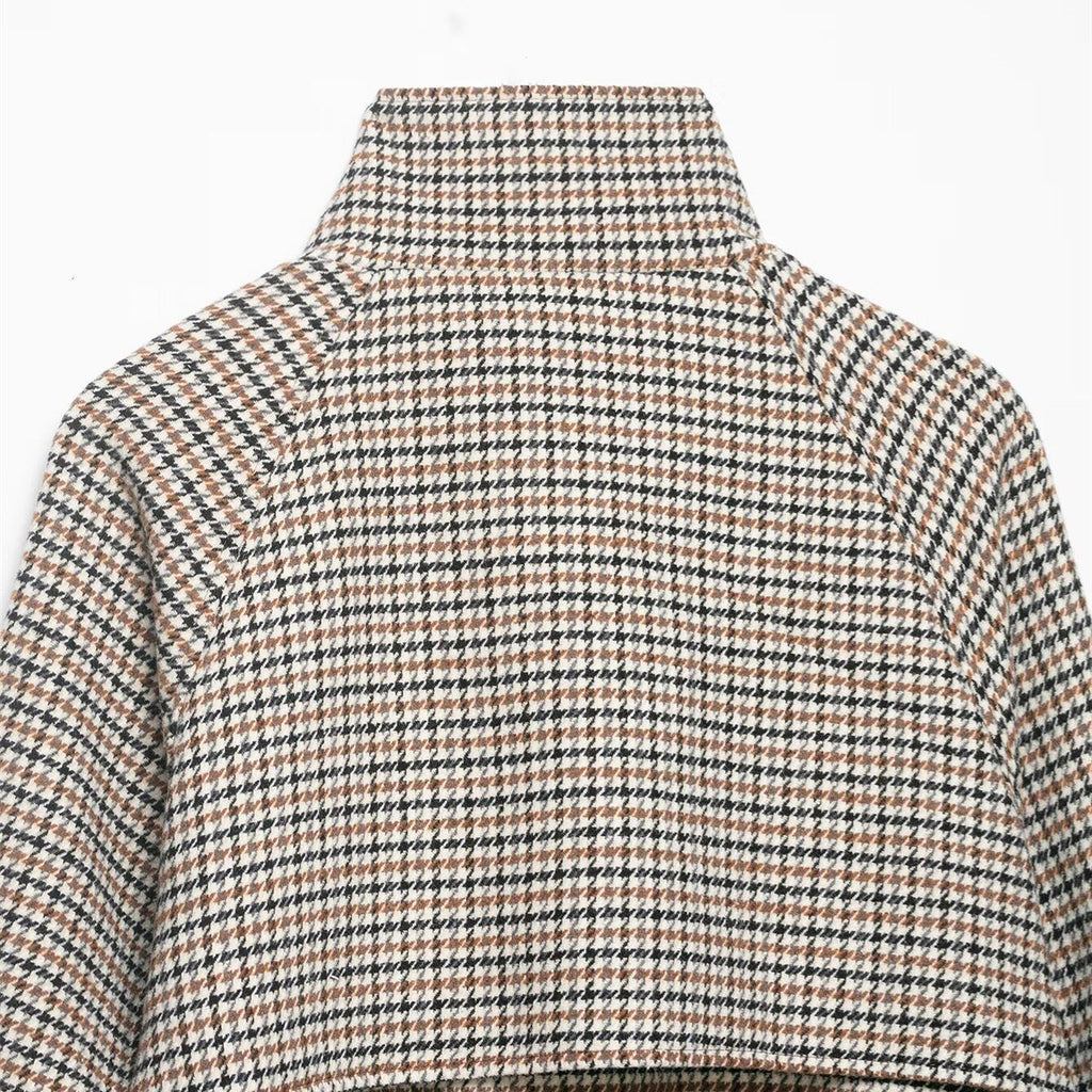 Commuting style tweed checkered high neck short jacket
