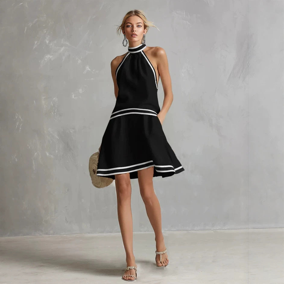 Choker Neck Fashion Short Dress with Striped Trim, Comfortable Sleeveless Fitted Dress