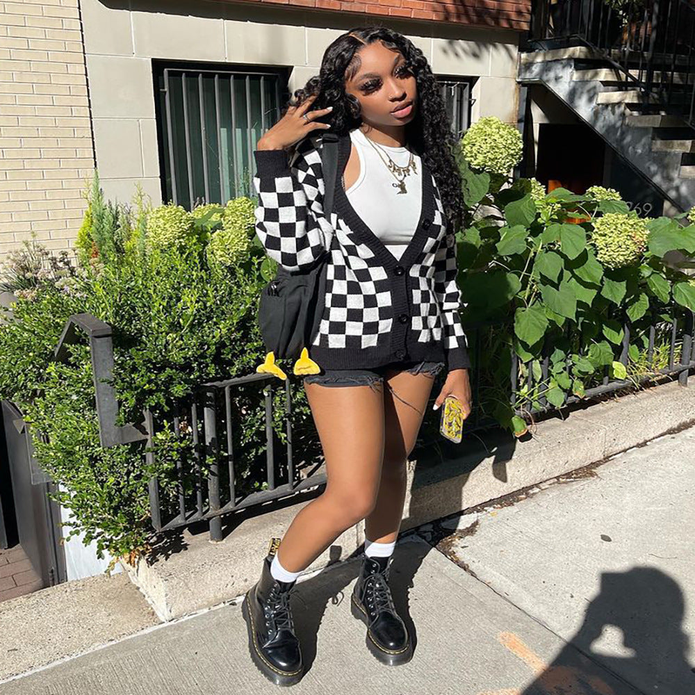Style Checkered Long Sleeve Open Front Cardigan Women's Top
