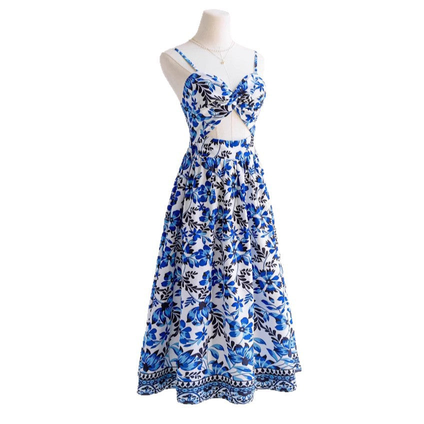 Sexy Strap Fitted Elegant Dress for Women - Vintage Print Long Dress