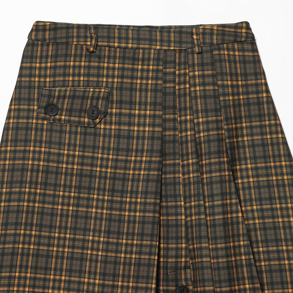 Retro-style color-block plaid midi skirt