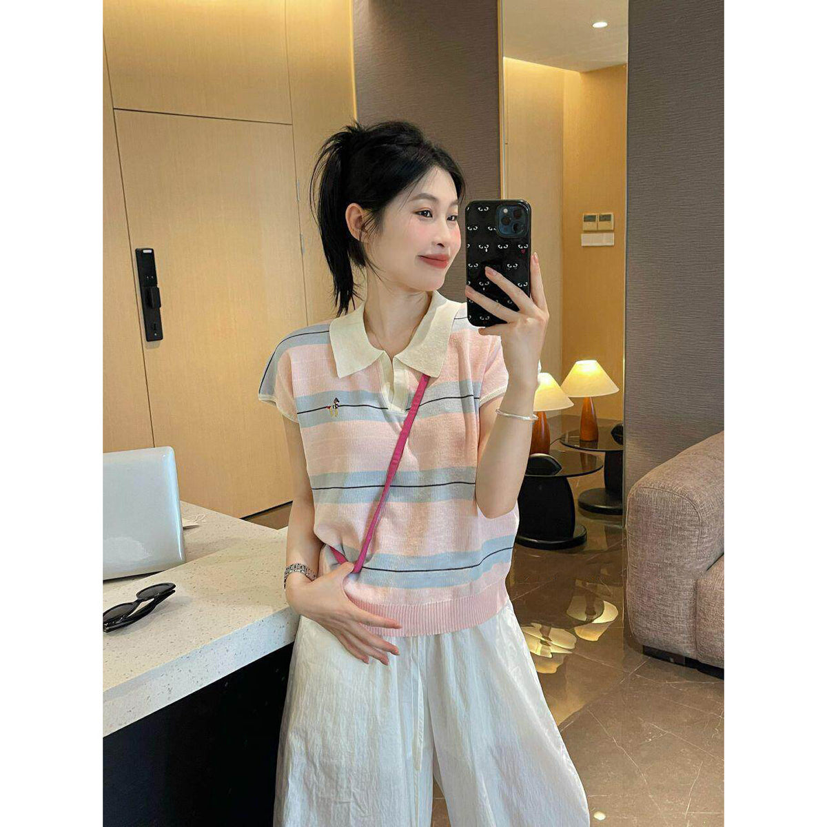 minimalist striped polo neck knitted top for women