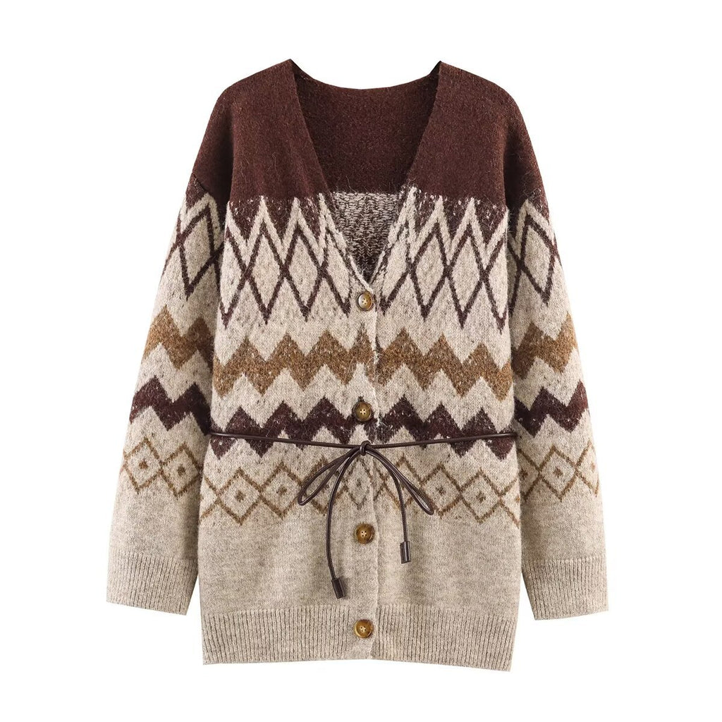 V-neck belt decoration cardigan sweater jacket for women