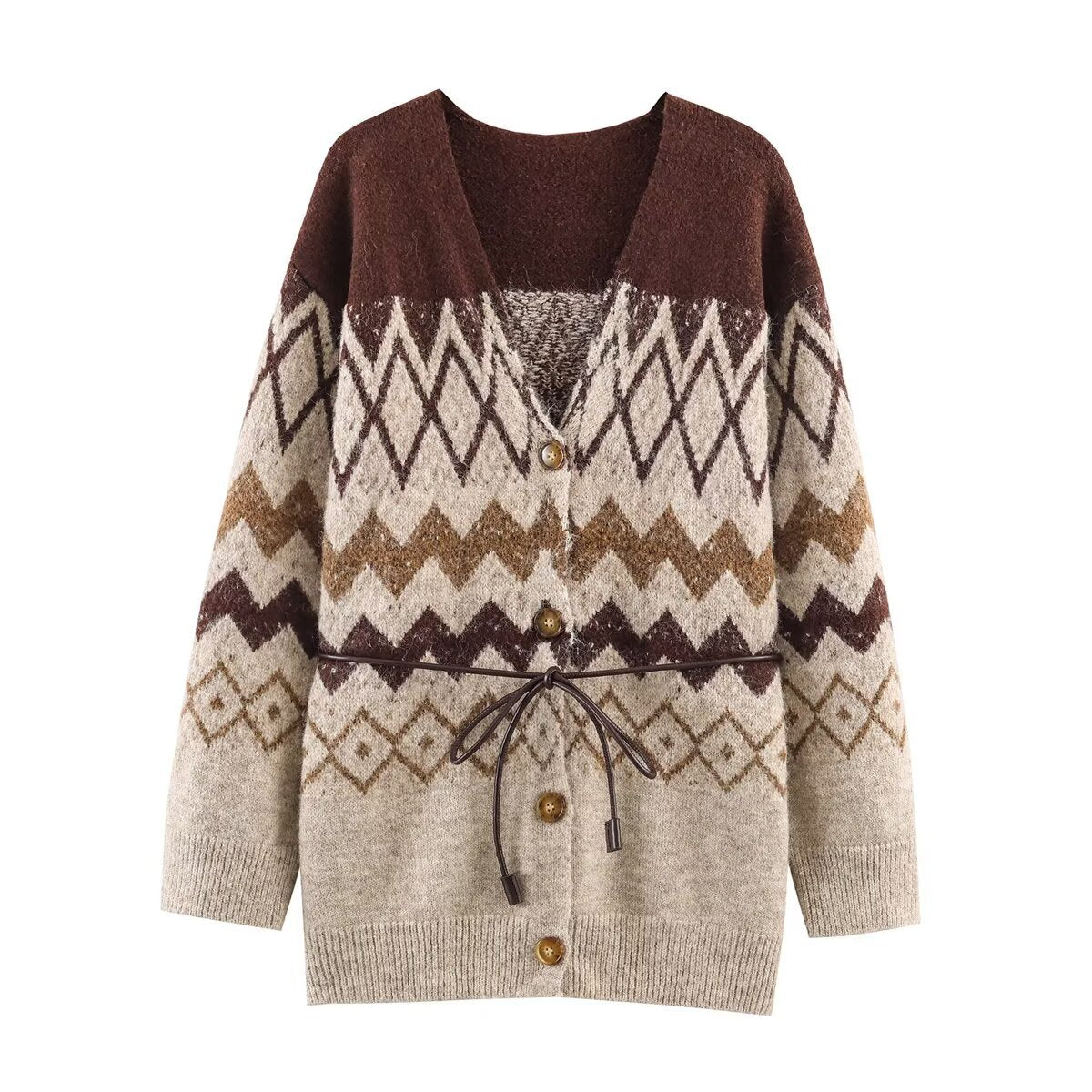 V-neck belt decoration cardigan sweater jacket for women