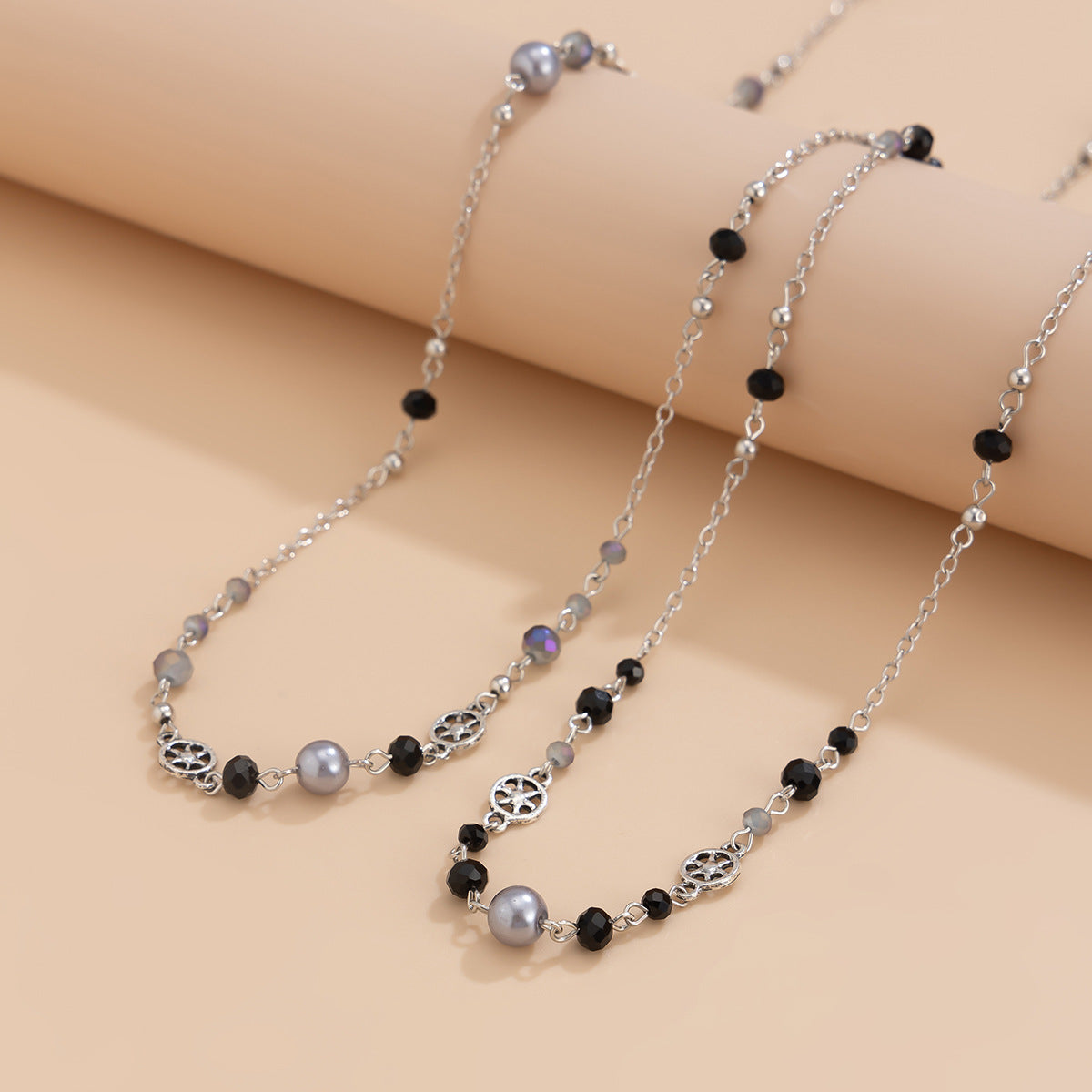 Ins style pearl bead long necklace design with multi-layered alloy collarbone chain set