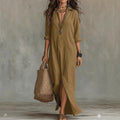 Spring Summer Solid Color Notch Lapel Front Slit Long Dress Casual Shirt Dress Lazy Style