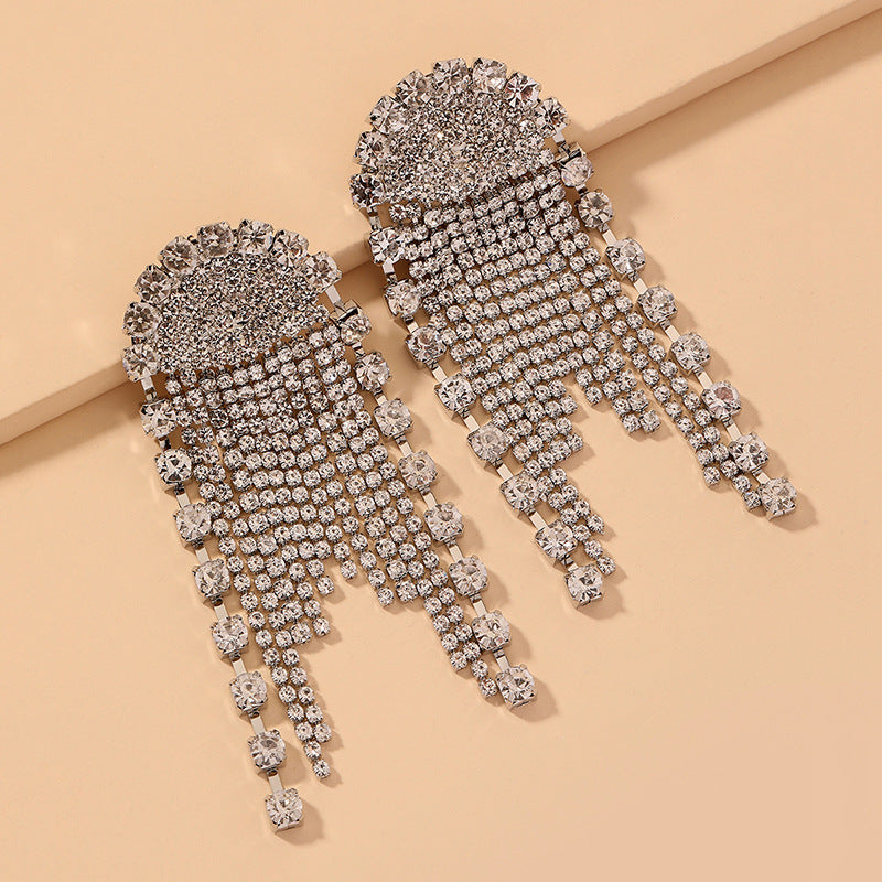 Full diamond long tassel silver needle earrings with a niche temperament for women