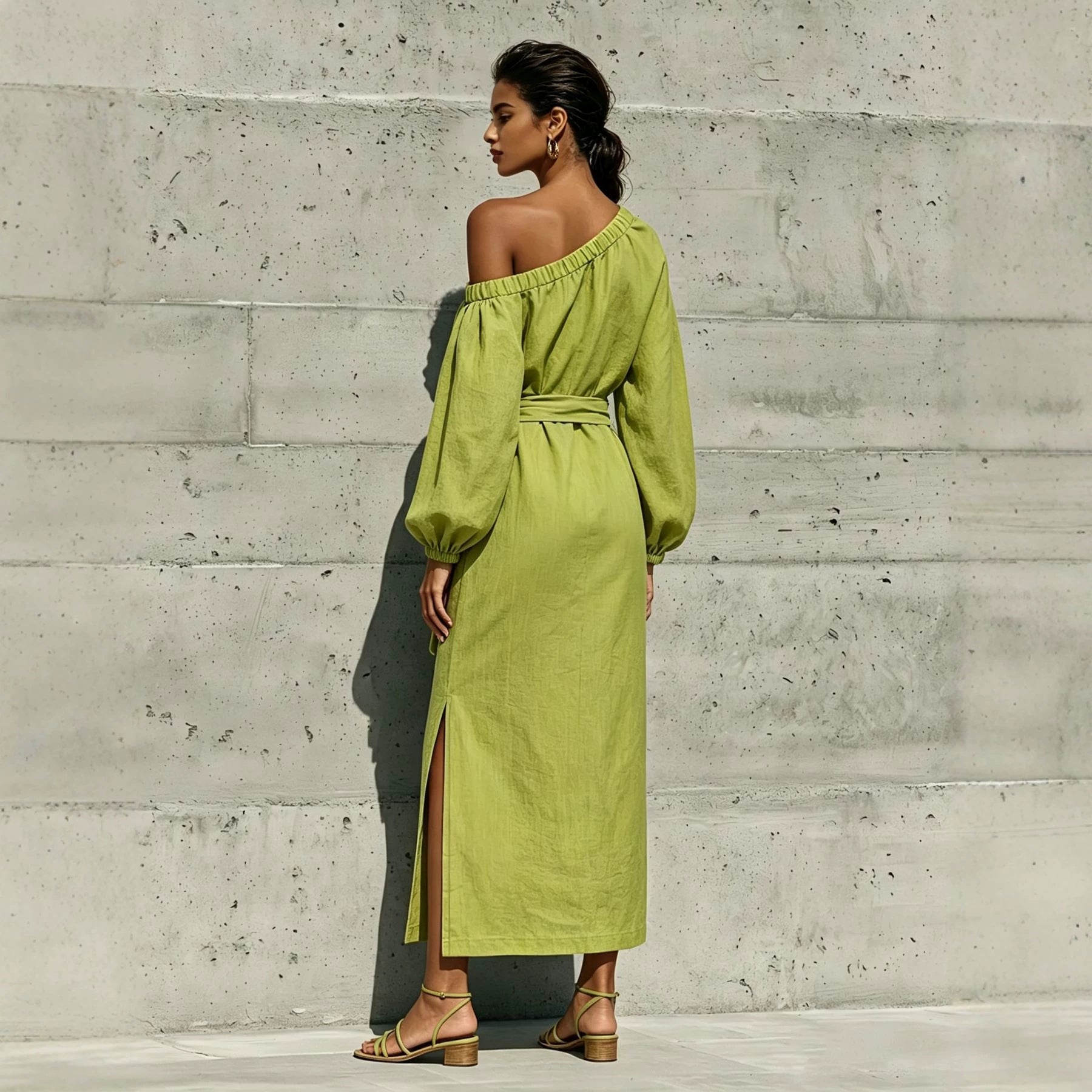 Fashionable Elegant Loose Linen Off-Shoulder Side Slit Dress with Belt