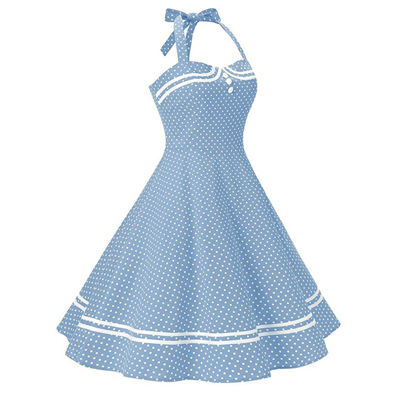 Hepburn Vintage Navy Polka Dot Backless Tie-Neck Flared A-Line Cotton Dress