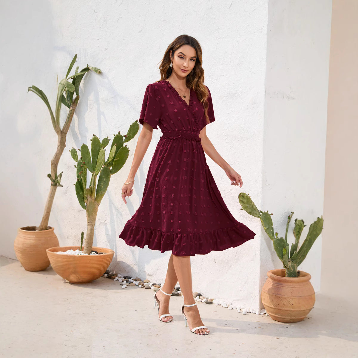 V-neck high waisted tied dress