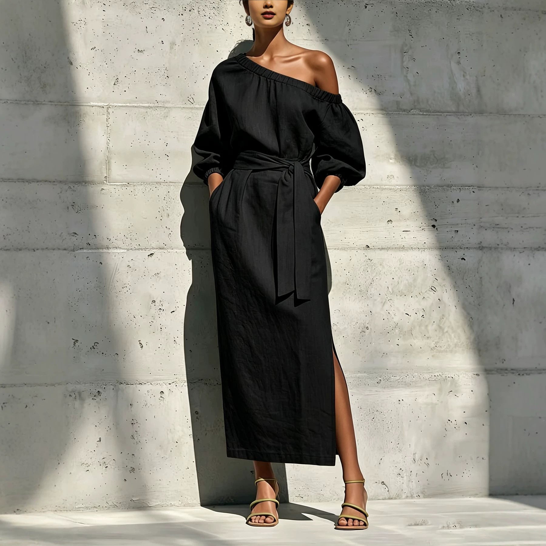 Fashionable Elegant Loose Linen Off-Shoulder Side Slit Dress with Belt