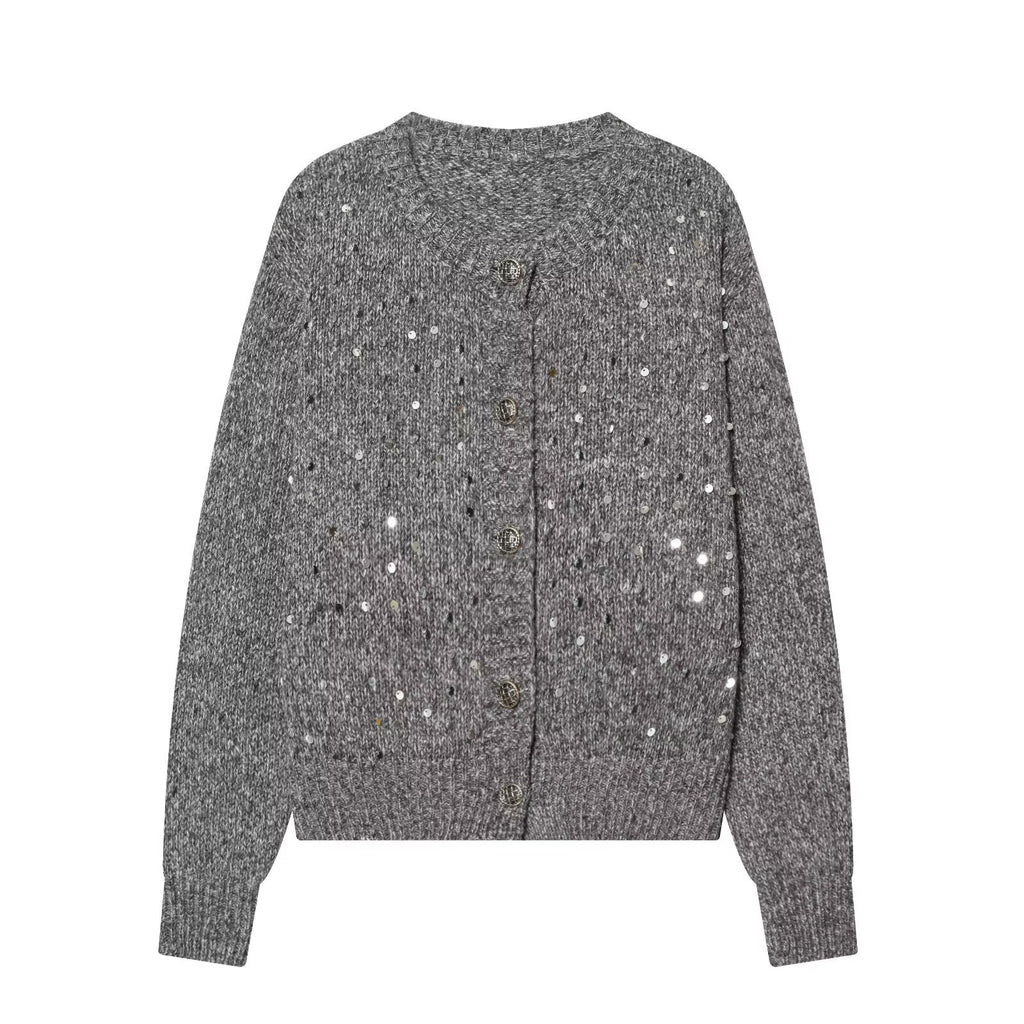 Street loose and versatile rhinestone sequin knitted cardigan