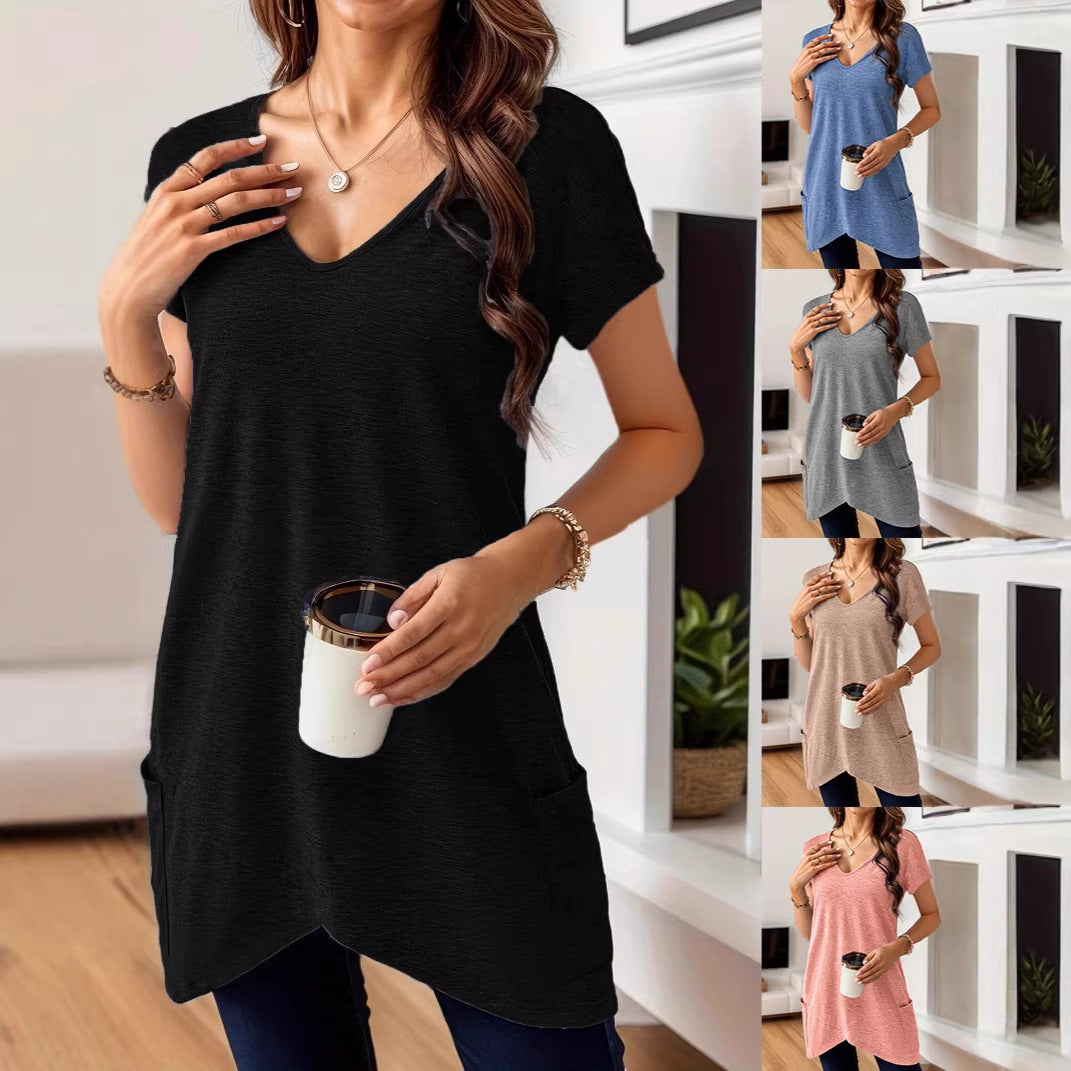 Fashionable Casual Pure Color V-Neck Pocket T-Shirt for Women