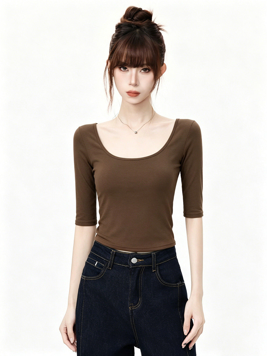 White Deep U-Neck Slim-Fitting Versatile Mid-Sleeve T-Shirt for Women, Fitted Shoulder Top