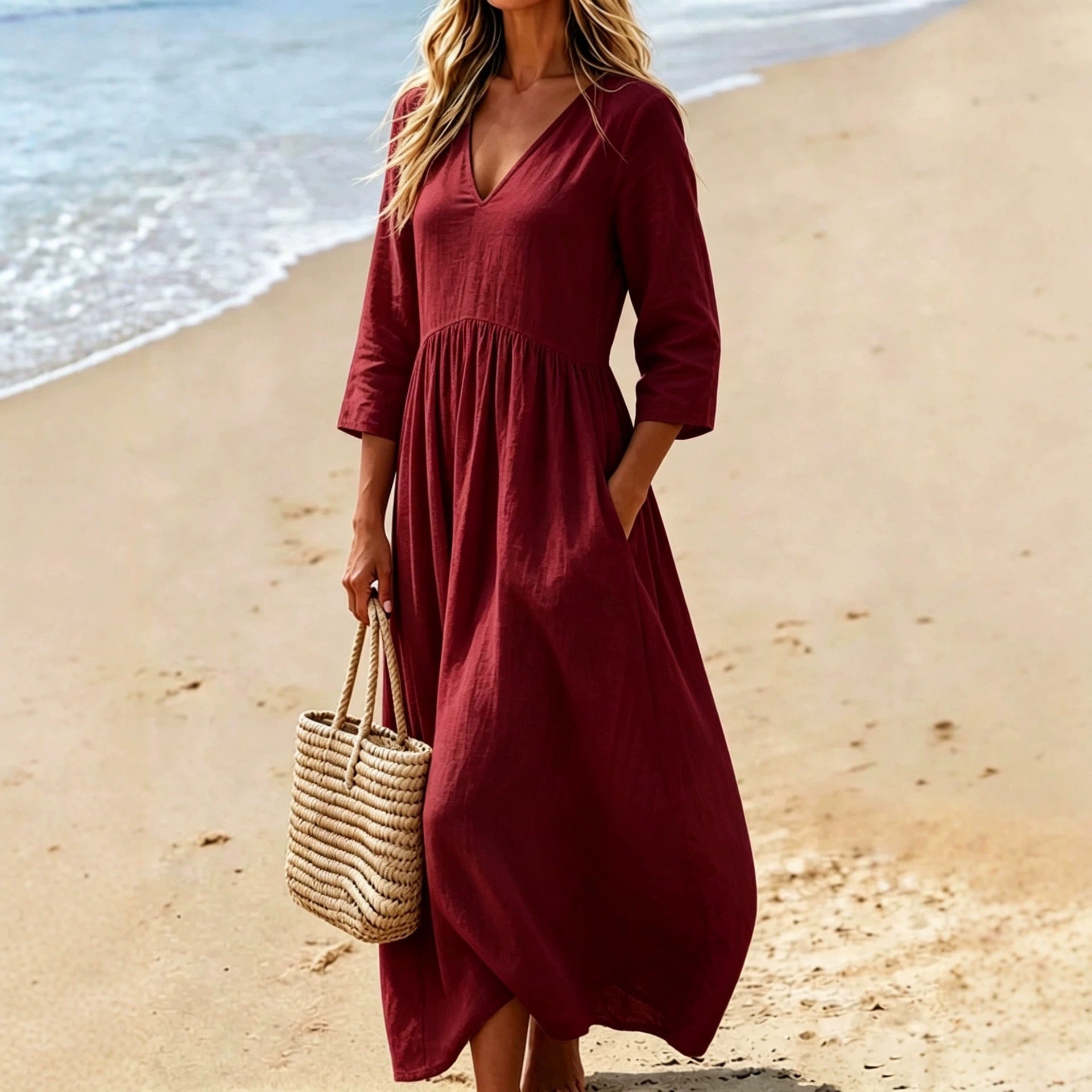 Solid color V-neck dress for women