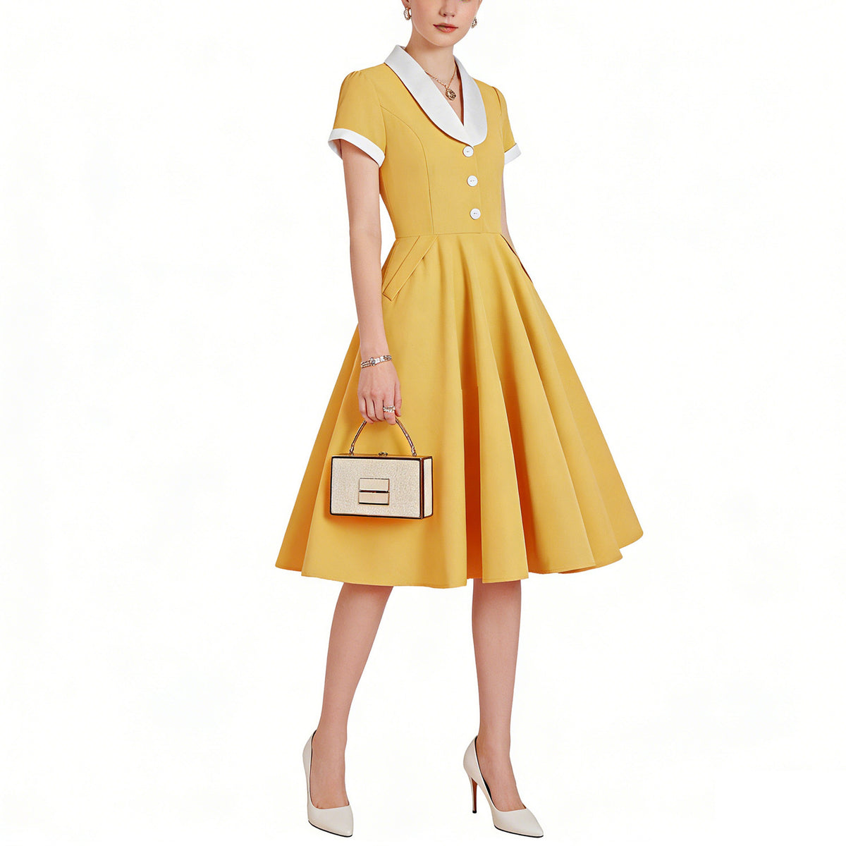Hepburn Style Vintage Dress, Court Fit Waist Color Block Collar Party Performance Dress, Flared Mid-Length A-Line Dress