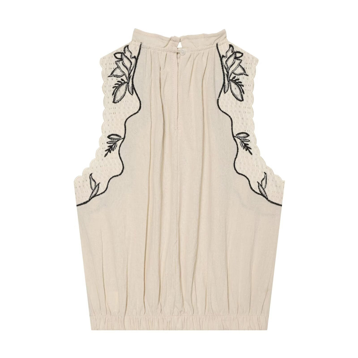 Embroidered patchwork balloon shaped sleeveless top