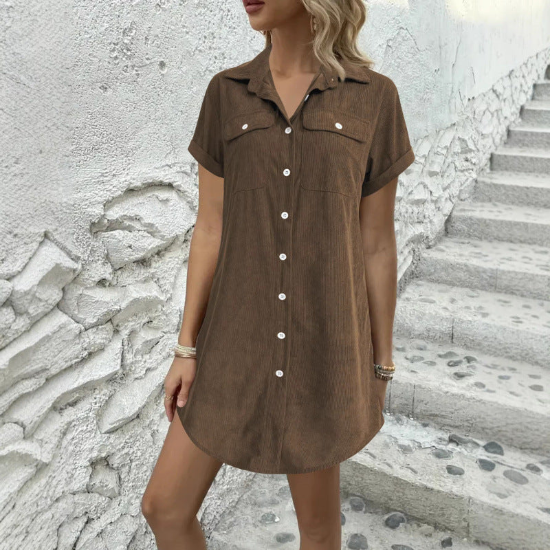 Vintage Casual Corduroy Shirt Dress, Loose Slim FitTurn-Down CollarWomen's Dress