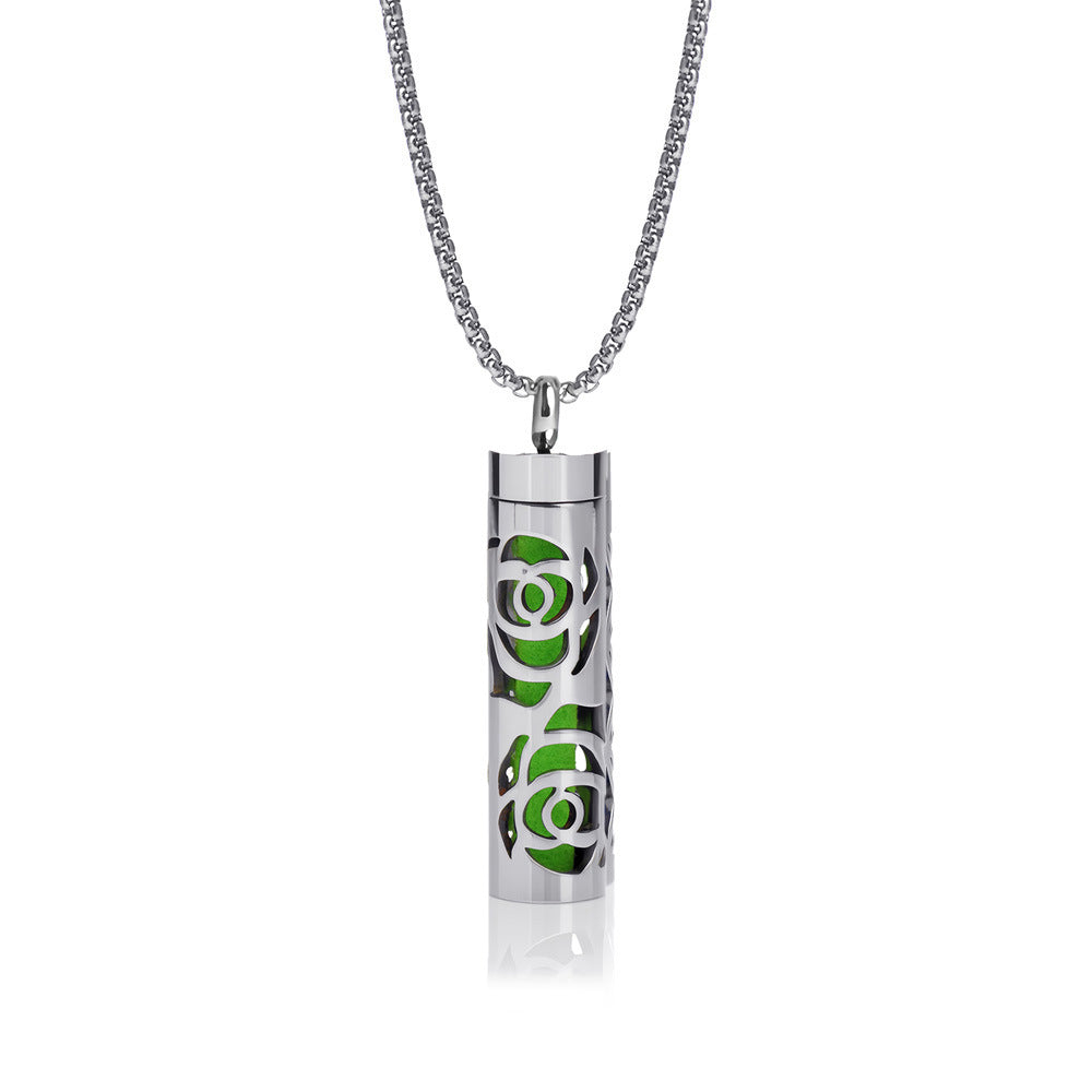 Cylindrical Heart-shaped Diffuser Pendant Necklace with Essential Oil, Stainless Steel Necklace for Men and Women, Titanium Steel Pendant