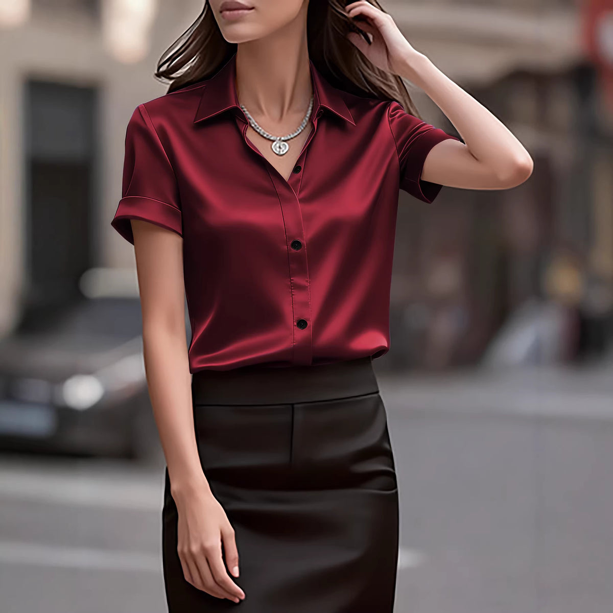 Solid color slim fit short sleeved shirt