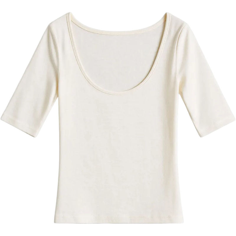 White Deep U-Neck Slim-Fitting Versatile Mid-Sleeve T-Shirt for Women, Fitted Shoulder Top