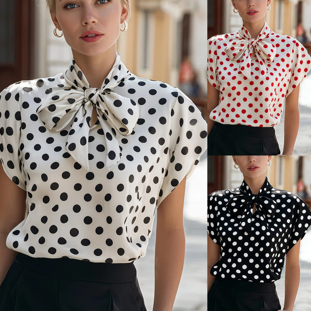 Bow collar polka dot short sleeved top