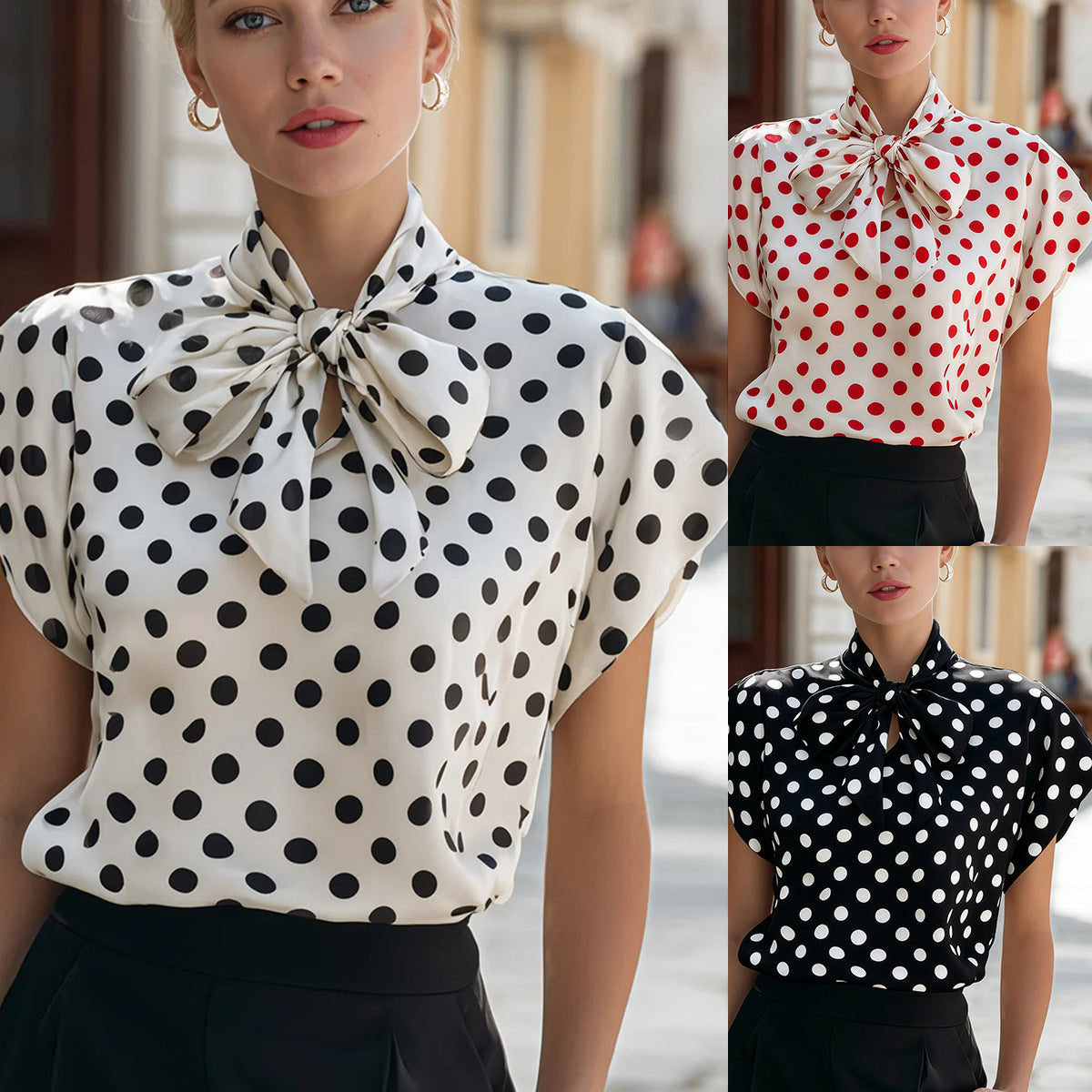 Bow collar polka dot short sleeved top