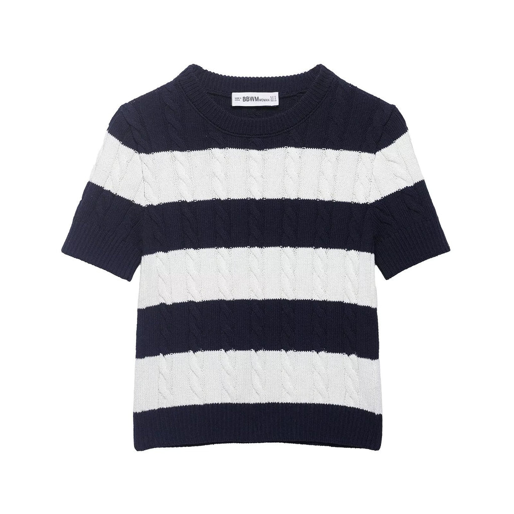 Minimally striped eight strand knitted sweater