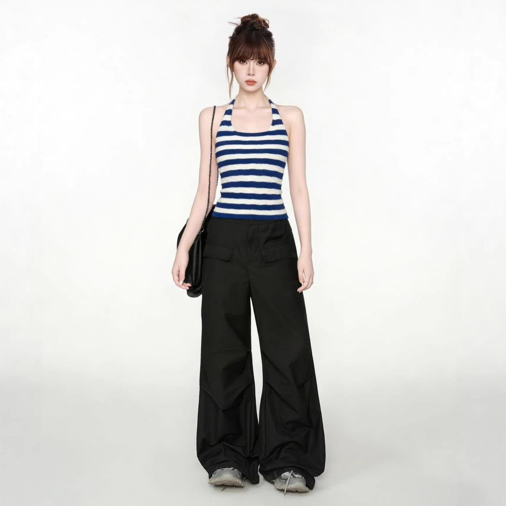 Blue and White Stripe Crop Top for Women, Knit Halter Neck Sleeveless Vest