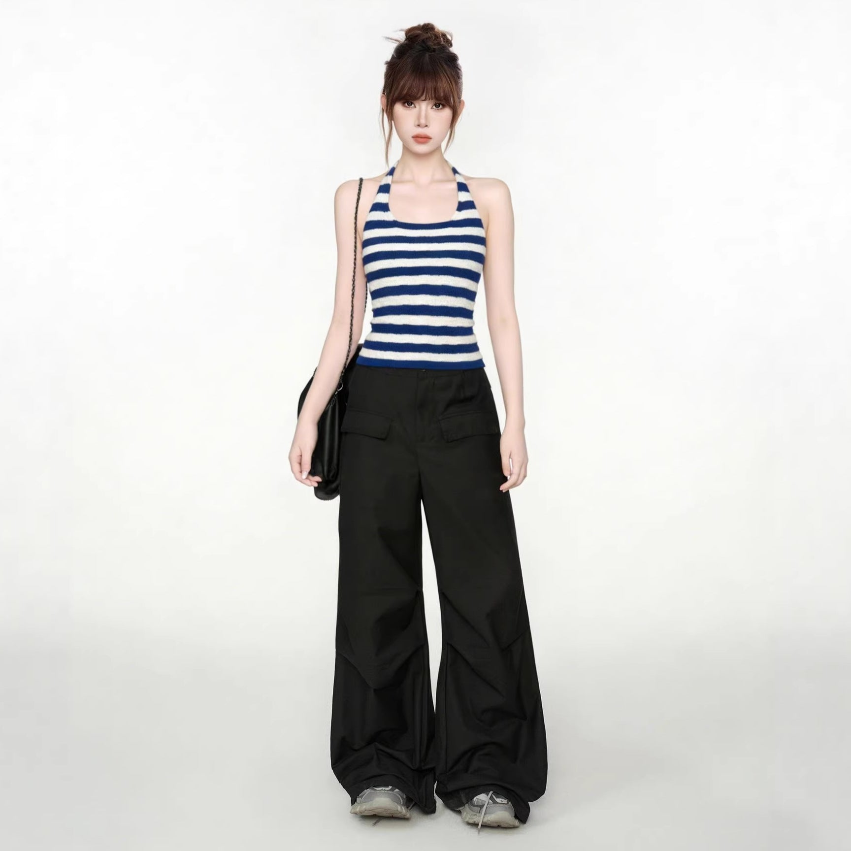 Blue and White Stripe Crop Top for Women, Knit Halter Neck Sleeveless Vest