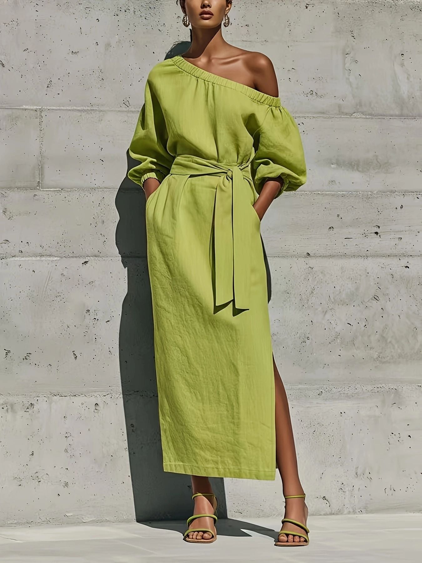 Fashionable Elegant Loose Linen Off-Shoulder Side Slit Dress with Belt