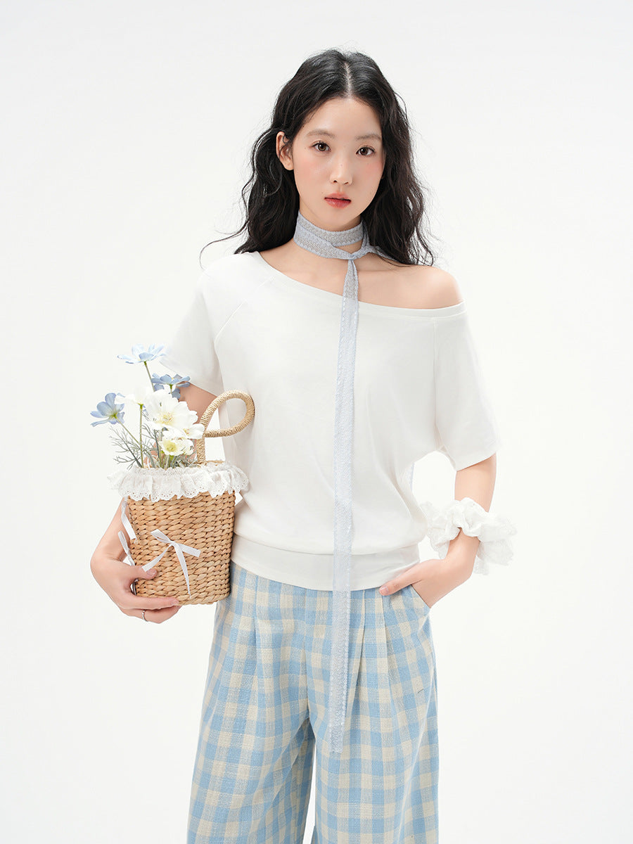 One-Shoulder Slash Neck Sleeveless T-Shirt for Women, Loose Casual Top