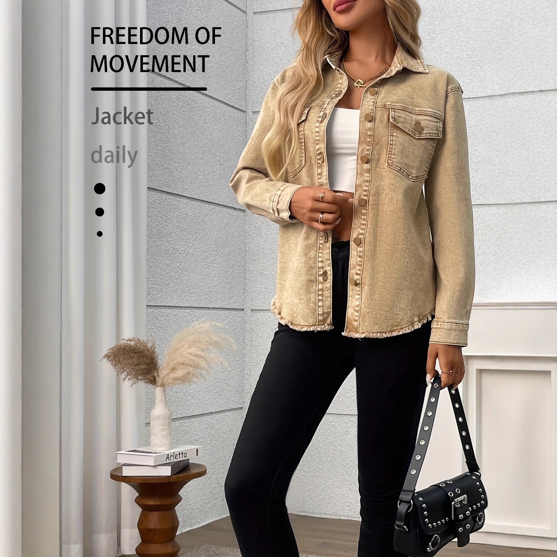Casual Loose Slim-Fitting High-Elastic Long Sleeve British-Style Cargo Pocket Oversized Denim Shirt in Khaki