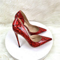 Red snake patterned socialite high heeled shoes with pointed toe, slim heel, shallow mouth, side air single shoe