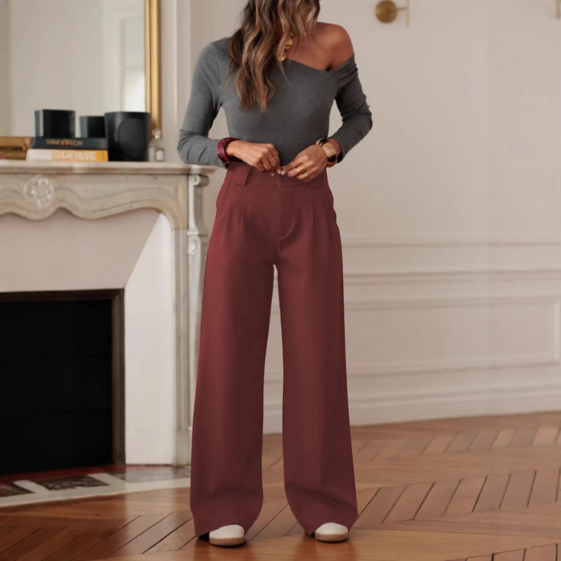Fashionable High-Waisted Suit Pants for WomenButton Closure, Spring and Summer Casual Trousers