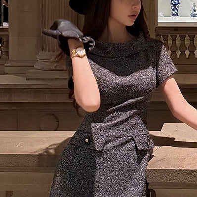 Hepburn Style Tailored Slim-Fitting Dress Elegant Boat Neck Black Dress
