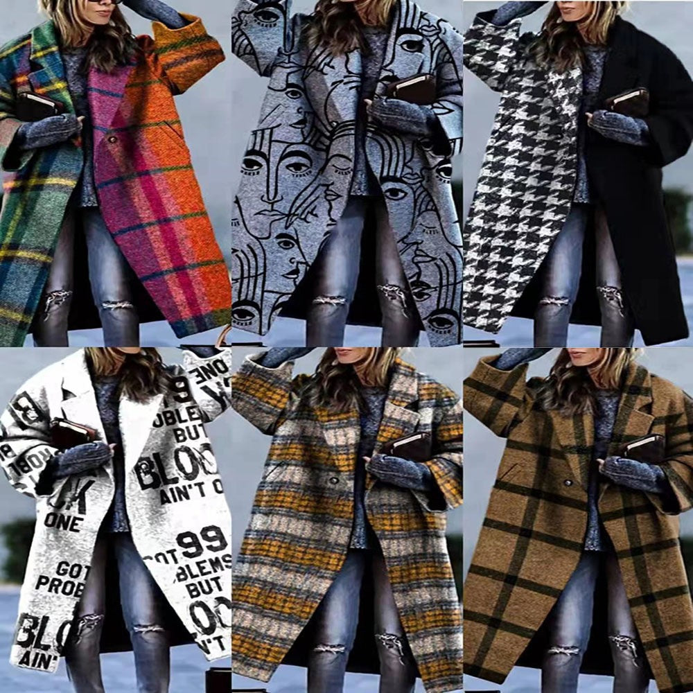 Autumn Long Sleeve Notched Lapel Printed Woolen Trench Coat for Women