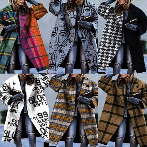 Autumn Long Sleeve Notched Lapel Printed Woolen Trench Coat for Women