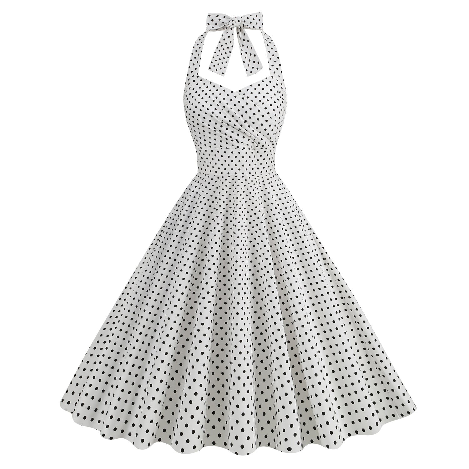 Hepburn Style Vintage Short Sleeve Color-block Polka Dot Halter High Waist Performance Dress with Tie-up for Photos, Bridesmaid, Picnic