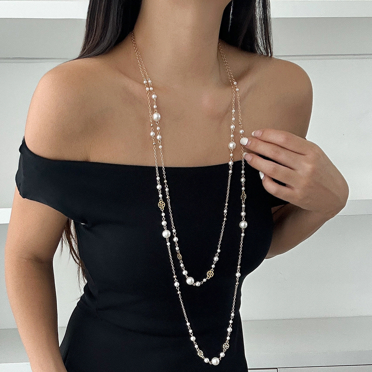 Ins style pearl bead long necklace design with multi-layered alloy collarbone chain set