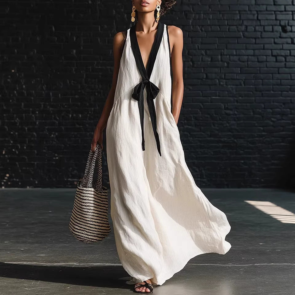V-neck Strapless Sleeveless Resort-Style Long Simple Elegant Dress